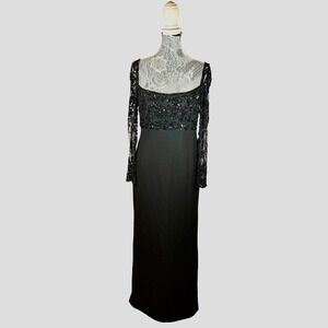 Vintage Badgley Mischka Couture Black Beaded Lace Evening Gown Formal Dress